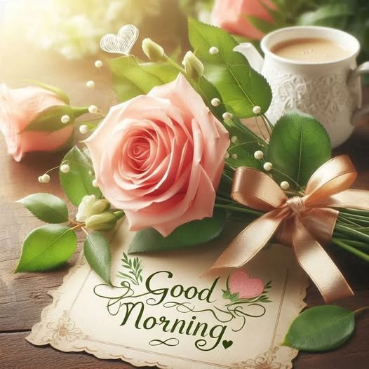 Pink roses with ribbon and coffee cup on wooden table with Good Morning card