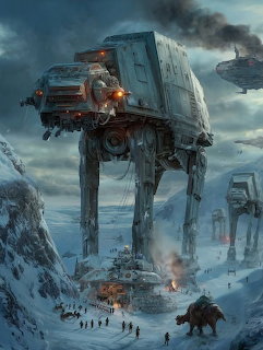 AT-AT walkers in snowy battle with explosions and small figures below under dramatic sky