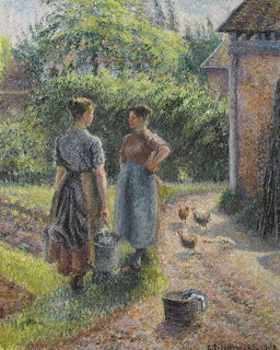 Impressionist painting of two women in a farmyard with chickens and buckets near a rustic building