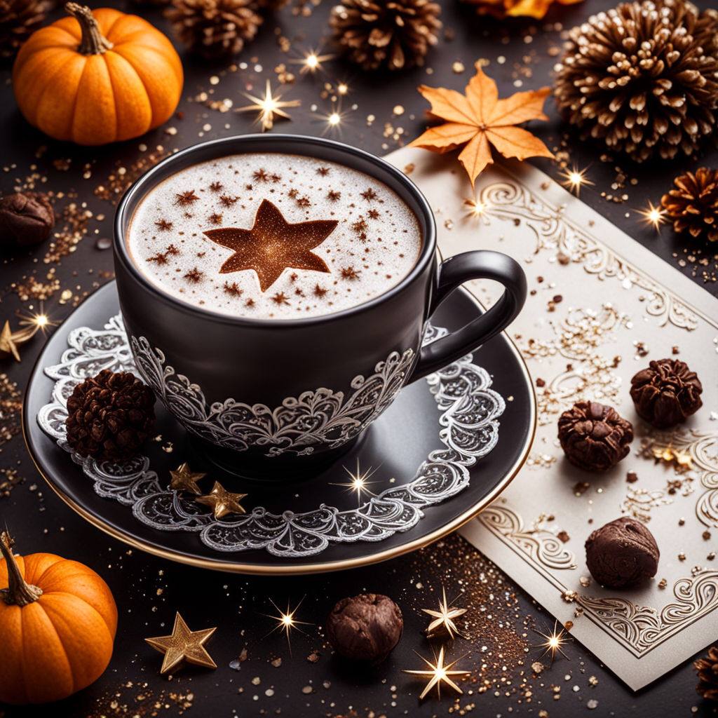 Coffee cup with foam art and cinnamon star, surrounded by mini pumpkins, pine cones, autumn leaves and chocolates