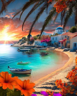 Colorful seaside village at sunset with boats, palm trees, flowers, and turquoise water