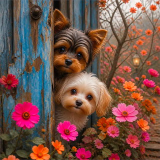 Dogs Peeking Behind Blue Door