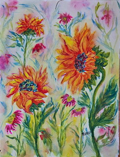 Watercolor painting of orange sunflowers and pink flowers with green foliage on light blue background