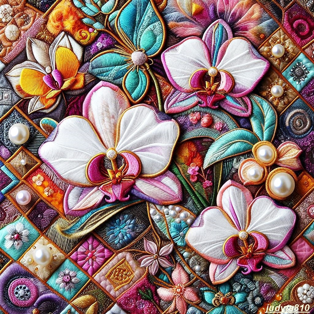 White orchid flowers amid colorful mosaic tiles, pearls and ornate decorative patterns