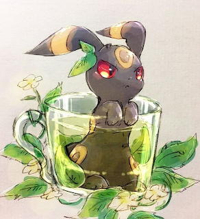 Small rabbit-like Pokemon character sitting in a glass cup with green plants around it