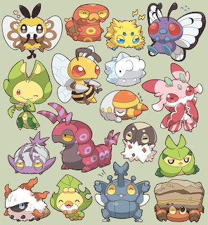 Collection of colorful chibi bug-type Pokemon characters including butterflies, bees, caterpillars and other insects
