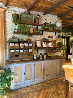 Rustic coffee shop interior with wooden counter, shelves, jars, cups, and hanging plants