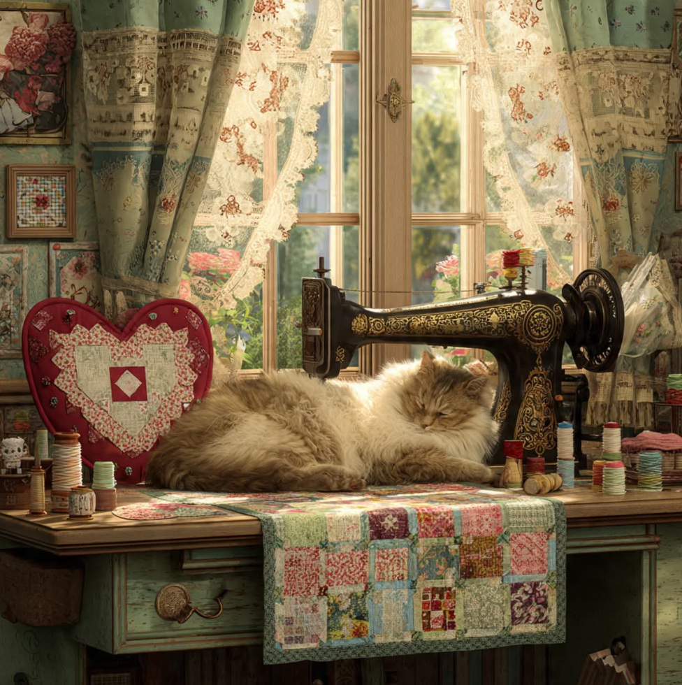 Fluffy cat napping on a sewing table beside a vintage sewing machine and patchwork quilt