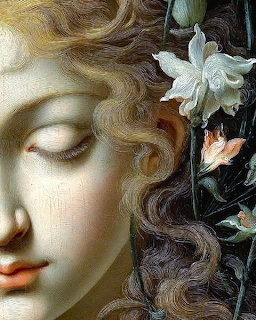 Classical painting detail of a woman's face in profile with closed eyes surrounded by white flowers and curling hair