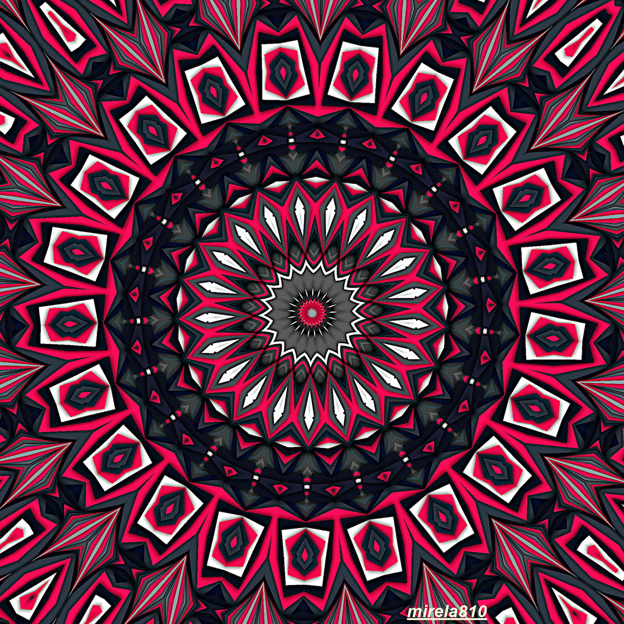 Symmetrical mandala with red, black and white geometric patterns radiating from center in concentric circles