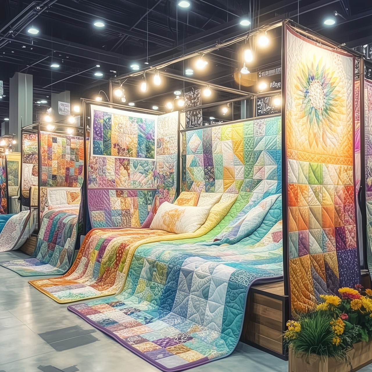 Colorful patchwork quilts displayed on beds and hanging panels in an indoor exhibition hall