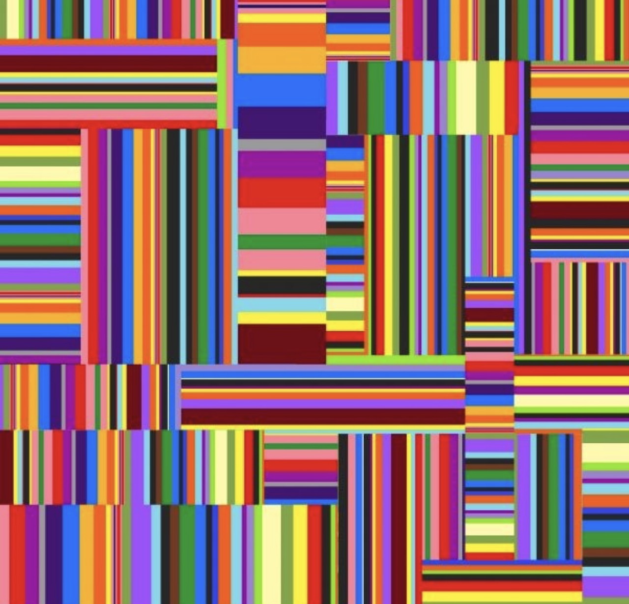 Abstract geometric pattern with colorful horizontal and vertical stripes forming intersecting rectangular blocks