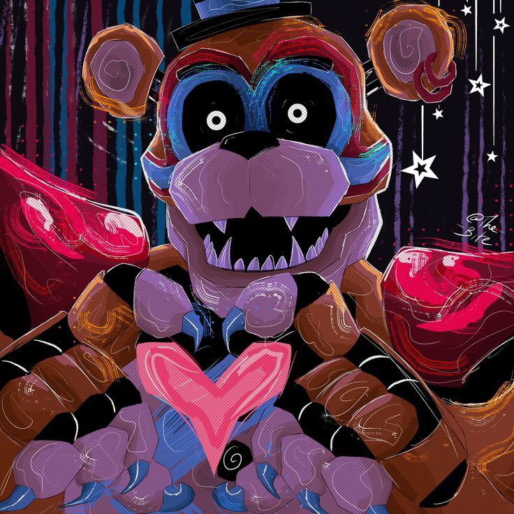 Colorful illustration of a bear animatronic with sharp teeth, black eyes, and a pink heart on its chest