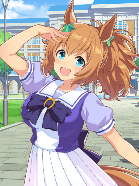 Anime girl with horse ears and brown twintails in a purple sailor outfit, smiling outdoors