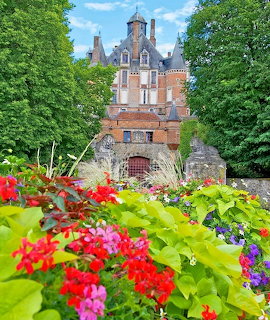 Historic French château with towers viewed through colorful garden flowers and trimmed hedges under blue sky