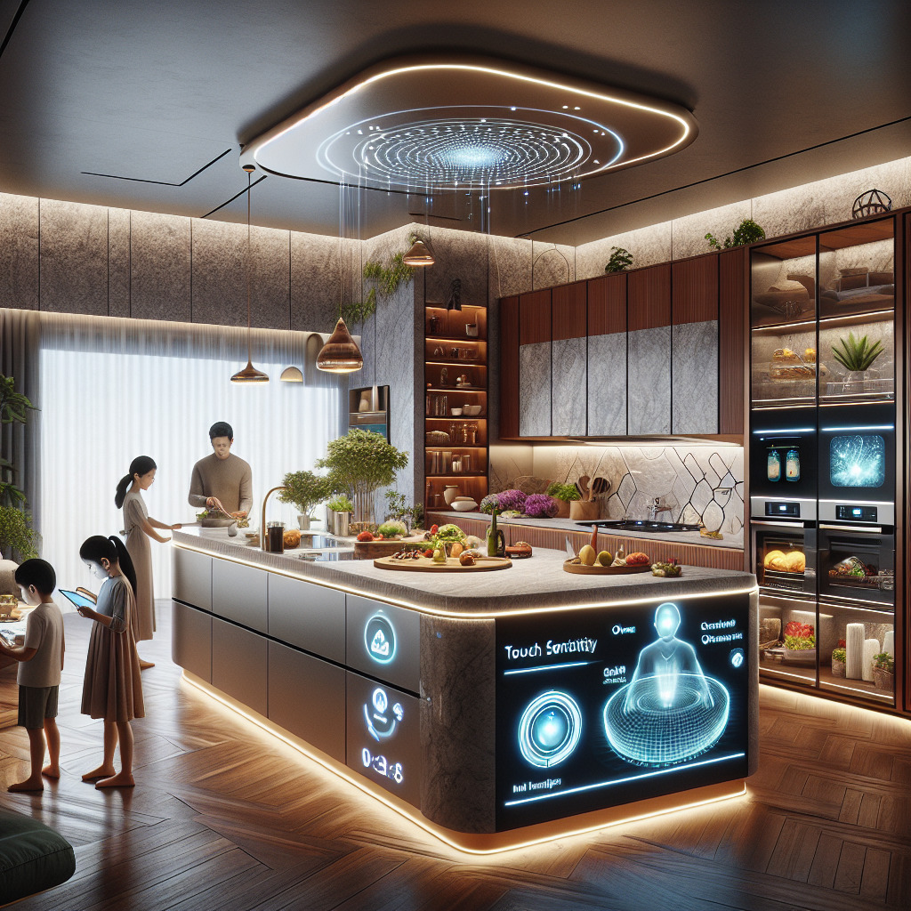 Futuristic smart kitchen with digital displays and a family cooking together