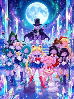 Sailor Moon characters posed together under a bright full moon with purple crystal pillars and starry sky