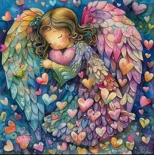 Colorful angel illustration with rainbow wings holding heart surrounded by floating hearts