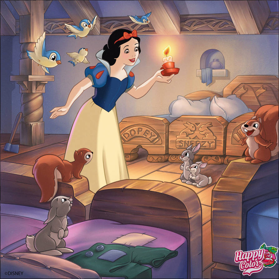 Snow White holding candle in cottage with birds and woodland creatures around her