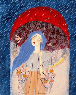 Illustration of a girl with blue hair holding a red umbrella in the rain with flower baskets