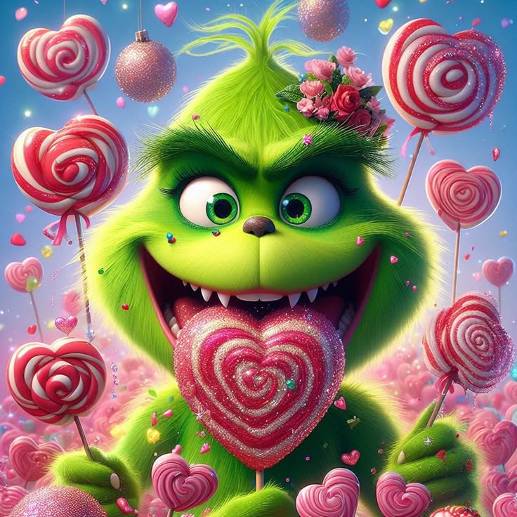 Smiling green Grinch character holding a large pink heart lollipop with colorful candies floating around