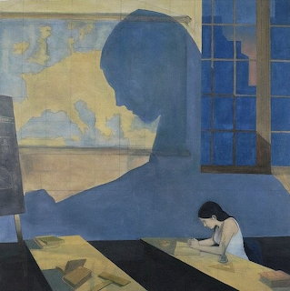 Blue-toned painting of an interior with a large shadow figure and a woman writing at a desk