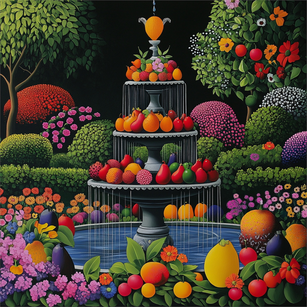 Colorful tiered fountain with fresh fruits surrounded by decorative topiary and flowers in a garden