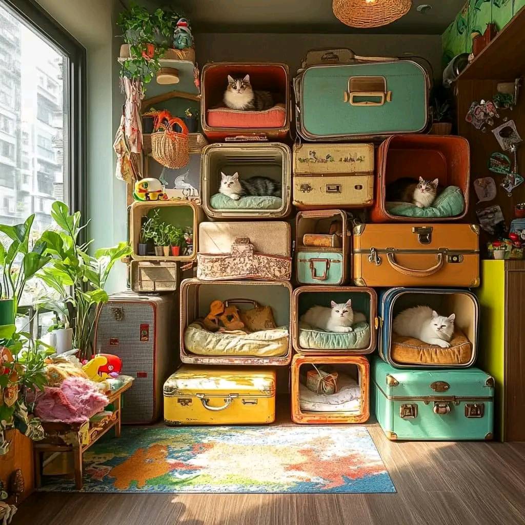 Cats lounging in colorful vintage suitcases stacked as shelves in a plant-filled room