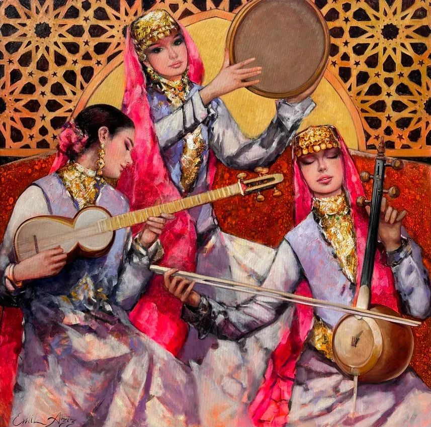 Three women in traditional Middle Eastern attire playing musical instruments