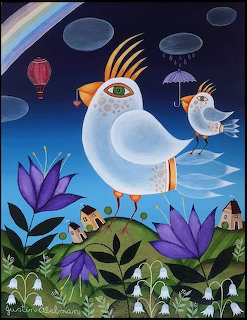 Folk art painting of round white bird with orange beak and feet, purple lotus flowers, tiny houses below