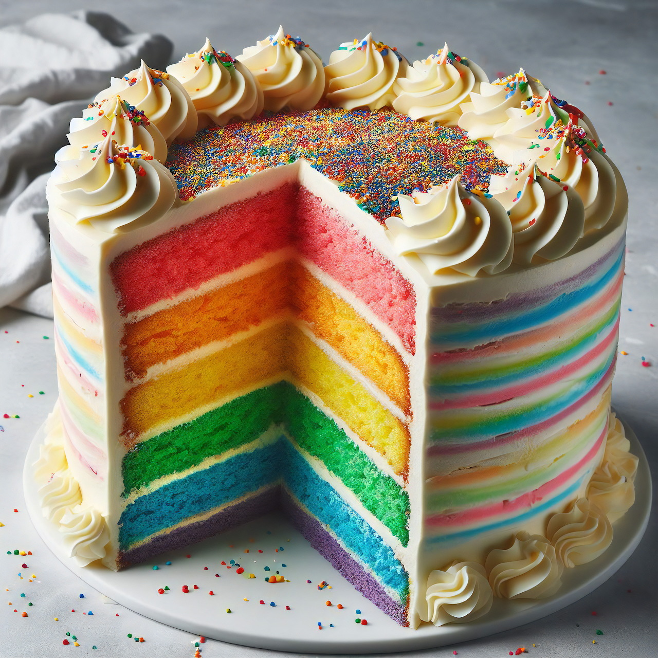 Rainbow layer cake with slice cut out showing colorful layers, topped with buttercream swirls and sprinkles