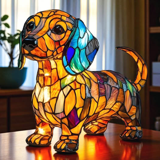 Stained glass style dachshund dog sculpture with colorful mosaic pattern in orange, blue and purple hues