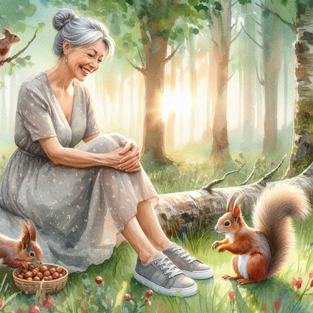 Woman Feeding Forest Squirrels