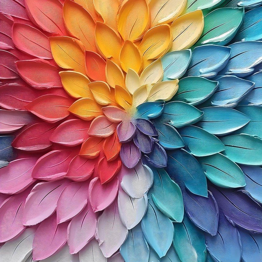 Rainbow-colored petals arranged in circular mandala pattern radiating from center