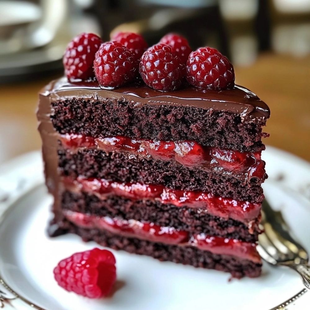 Slice of chocolate layer cake with raspberry filling and fresh raspberries on a white plate