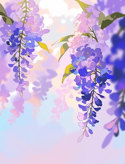 Digital illustration of cascading purple wisteria flower clusters with green leaves on a soft pastel background