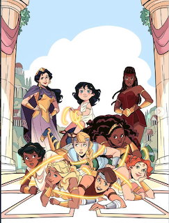 Illustrated diverse group of children sitting and standing together on steps