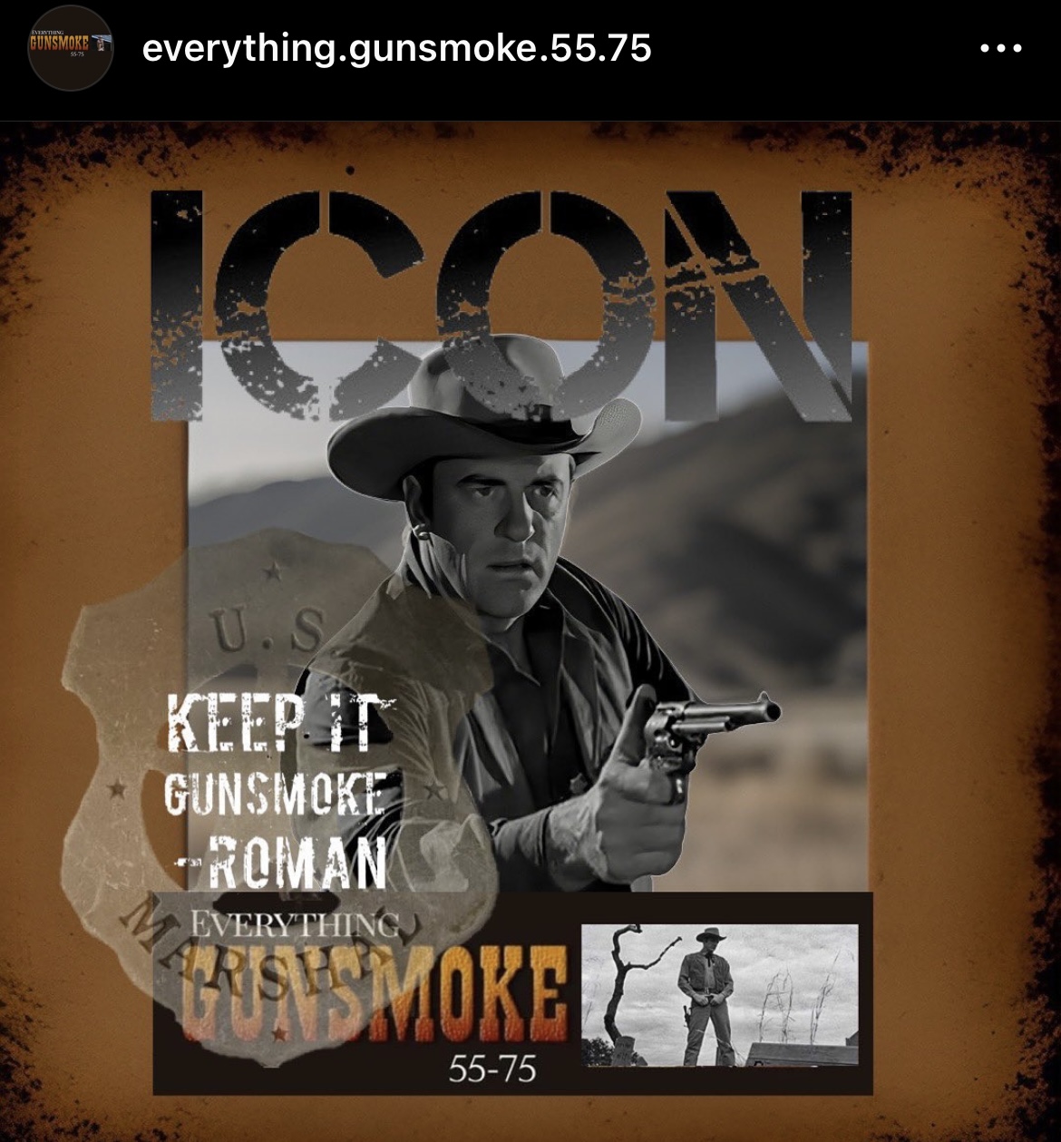 Sepia collage poster of a cowboy with a revolver and large ICON text
