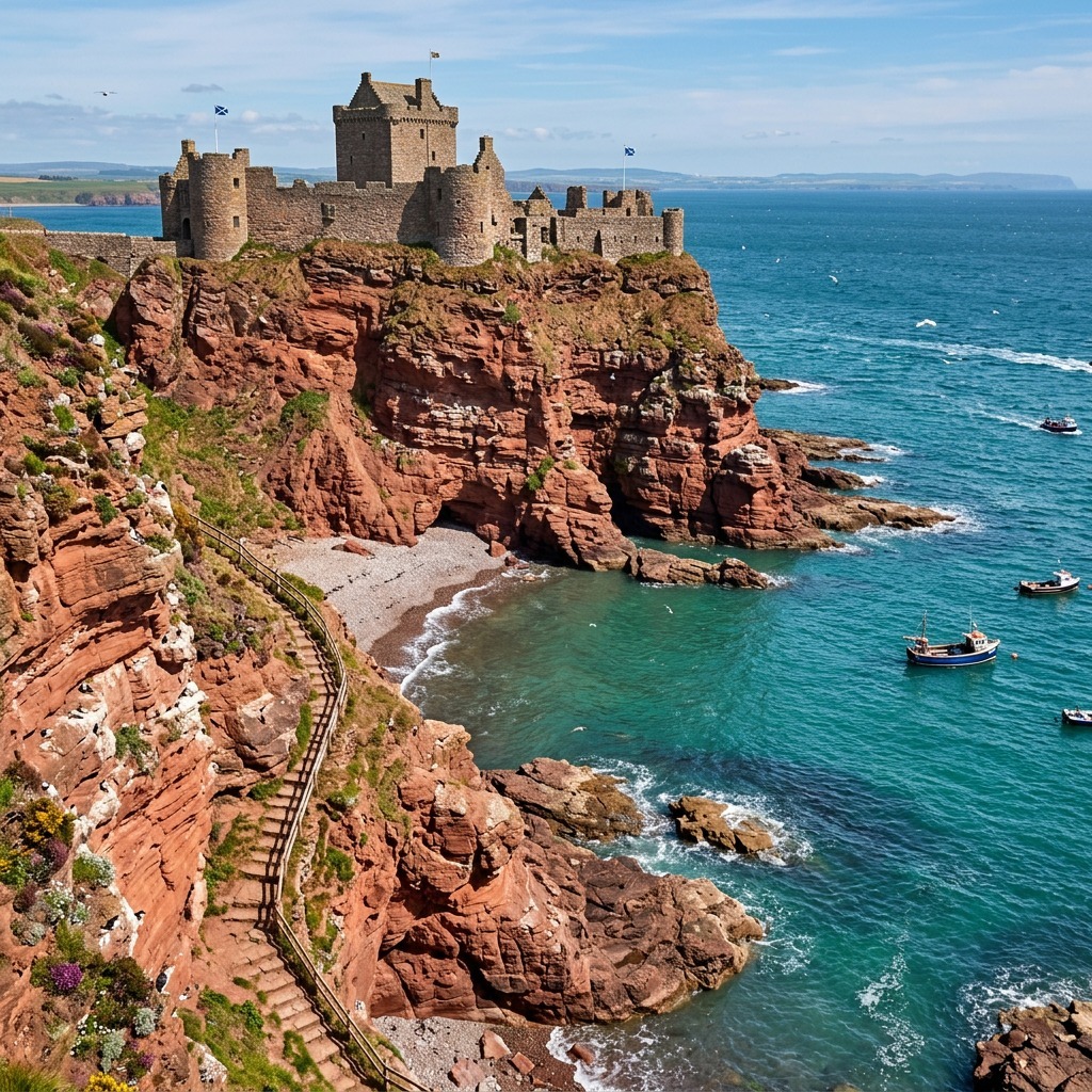 Stone castle ruins on red cliffs above turquoise coastal water
