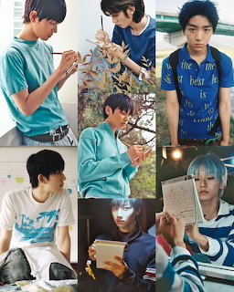 Collage of six photos showing a young Asian male in different blue outfits and settings
