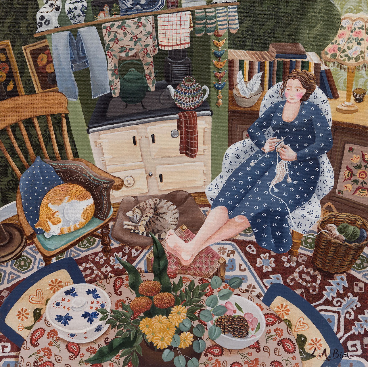 Painting of a woman seated in a cozy room with a sleeping cat, floral rug, flowers, and home decor