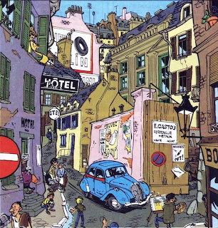 Cartoon illustration of a European city street with a blue vintage car, old buildings, and hotel signs