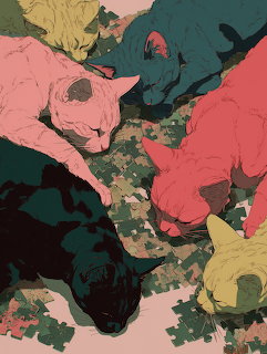 Top-down illustration of colorful cats forming a circle around a patterned center