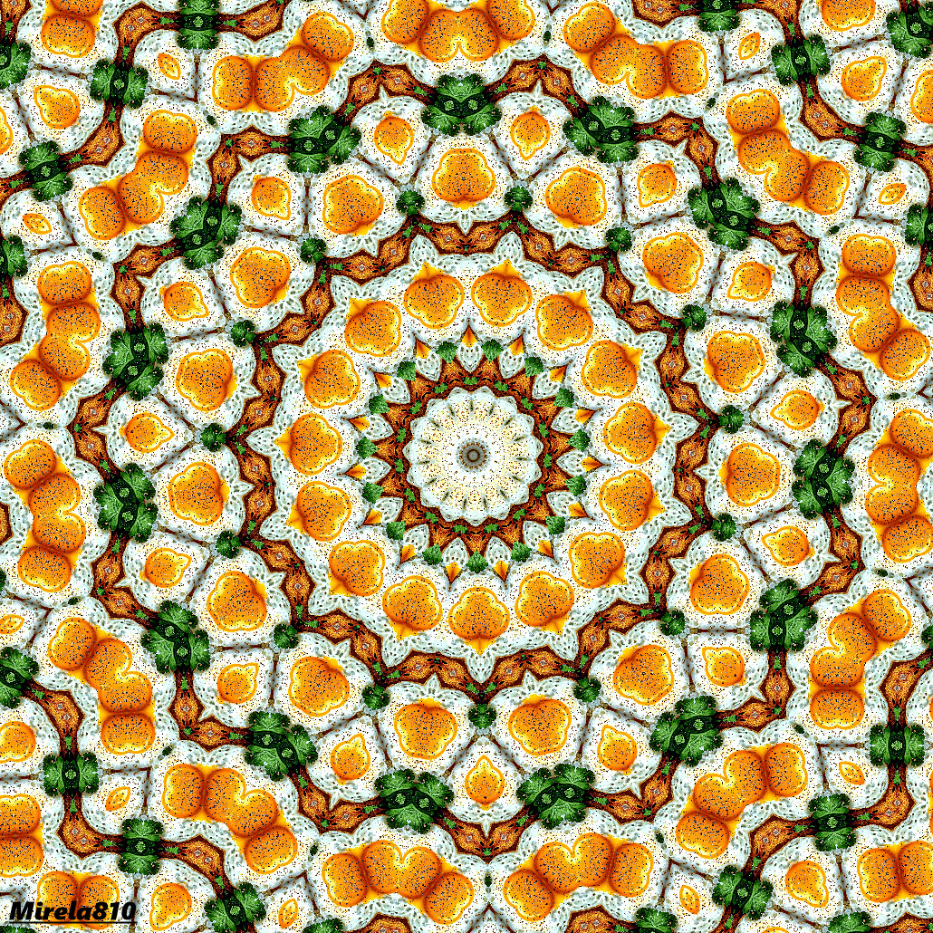 Circular mandala with orange floral patterns and green details in radial symmetry