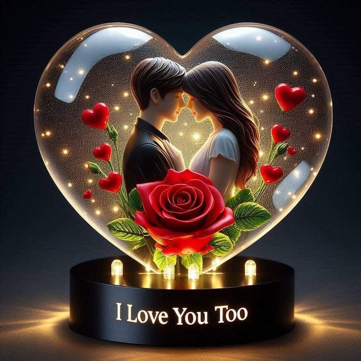 3D render of a couple inside a glowing heart-shaped glass ornament with a large red rose