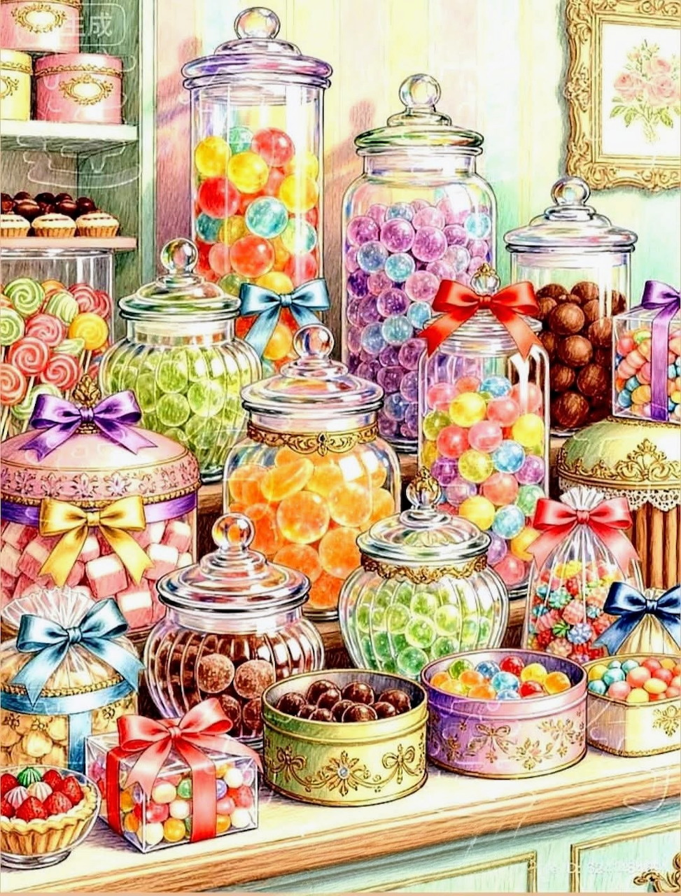 Illustration of vintage glass jars filled with colorful candies and sweets on a countertop