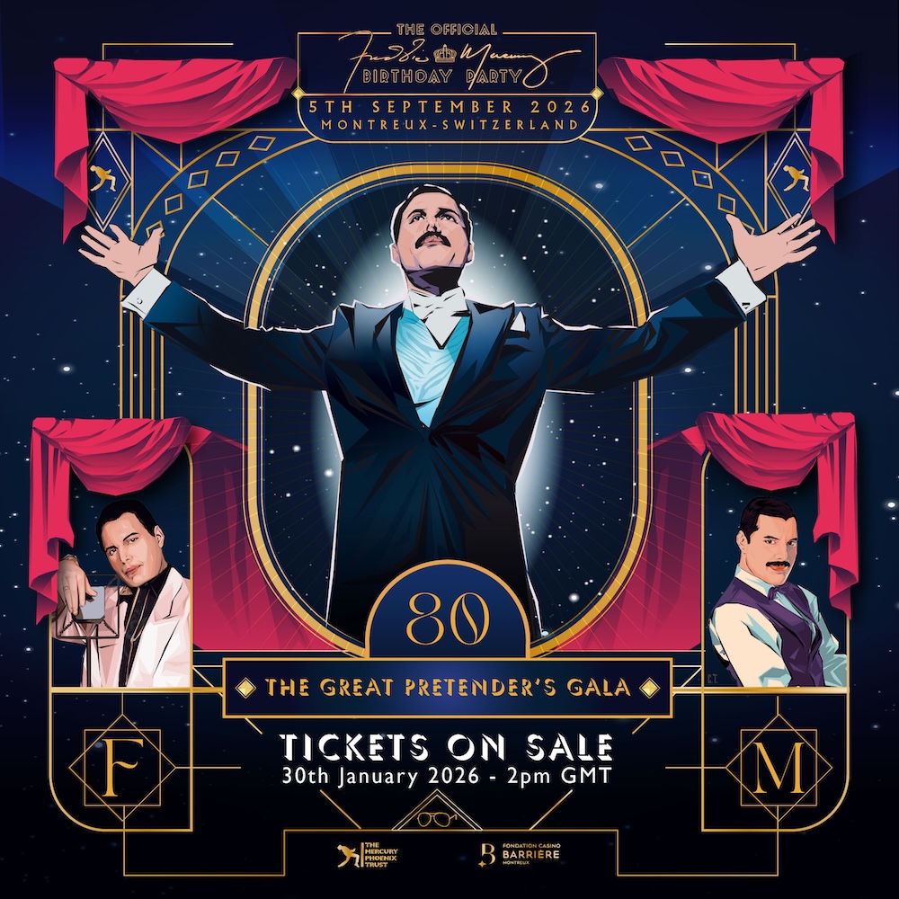Illustrated Freddie Mercury gala poster with gold Art Deco frame and pink drapery