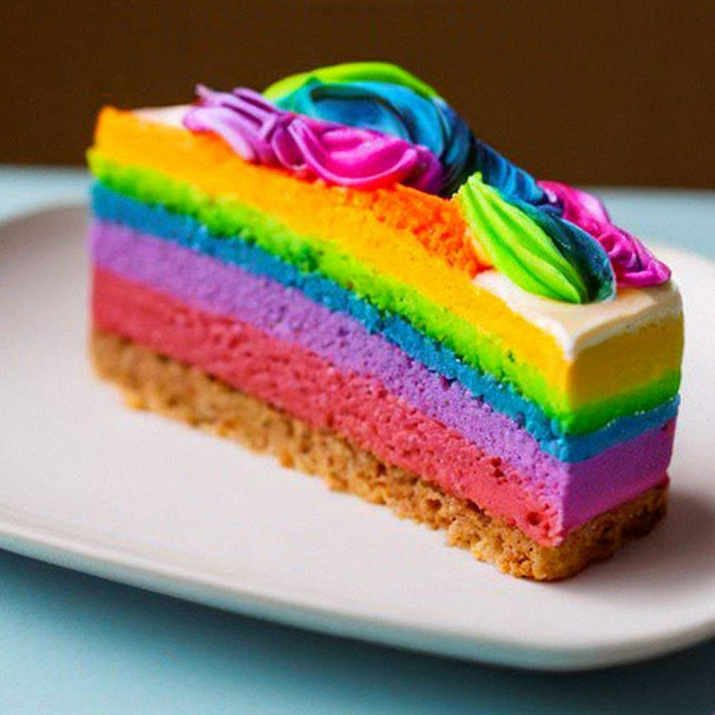 Slice of rainbow layered cake with multicolored frosting roses on white plate