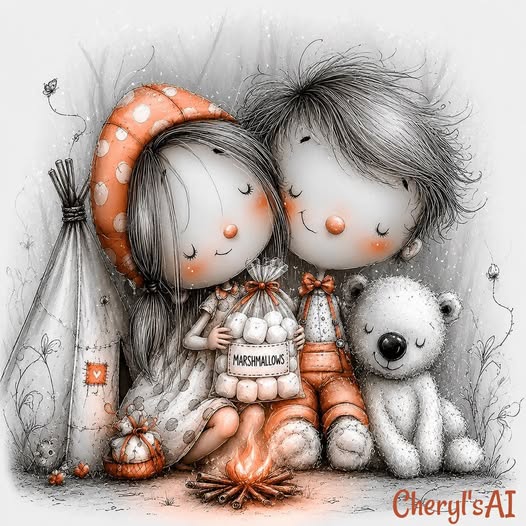 Two cartoon girls in striped hats sitting with a white seal and birds in a gentle, sketchy illustration