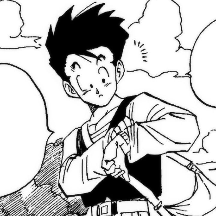 Manga drawing of young Gohan in martial arts outfit with spiky hair against cloudy sky